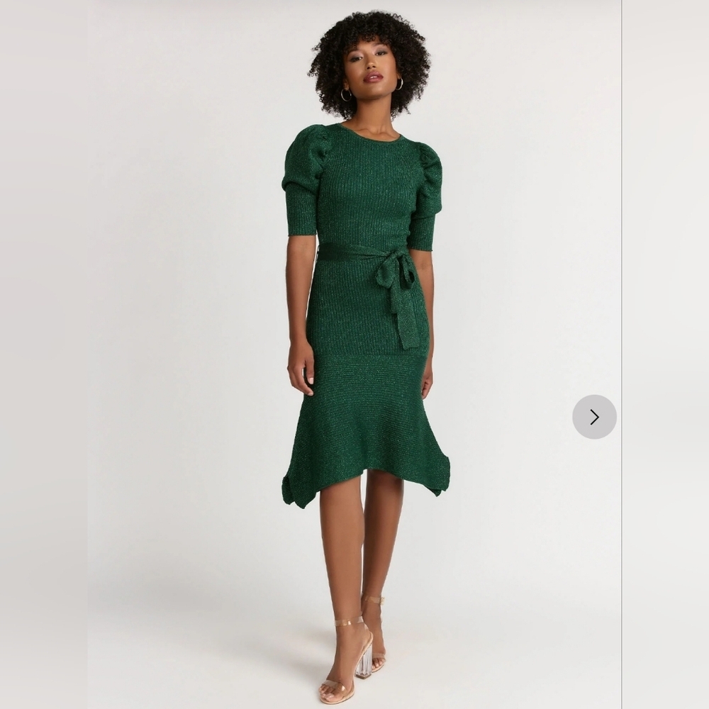 Flying Tomato Puff Sleeve Lurex Ribbed Dress Size M Green Self-Tie Waist Midi